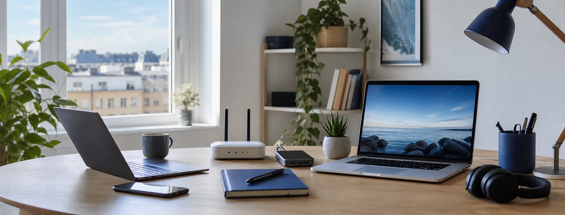 Hjemmearbeidsplass med laptop, mobil, Wi-Fi og backupdisk