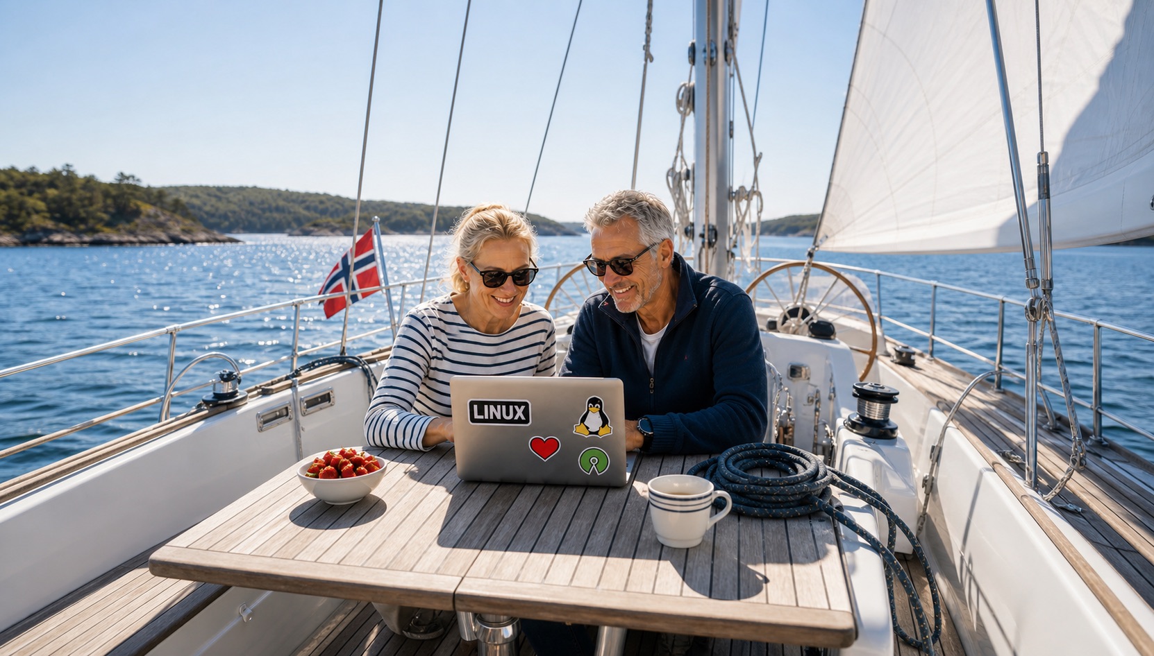Par på båt bruker laptop med Linux-klistremerker