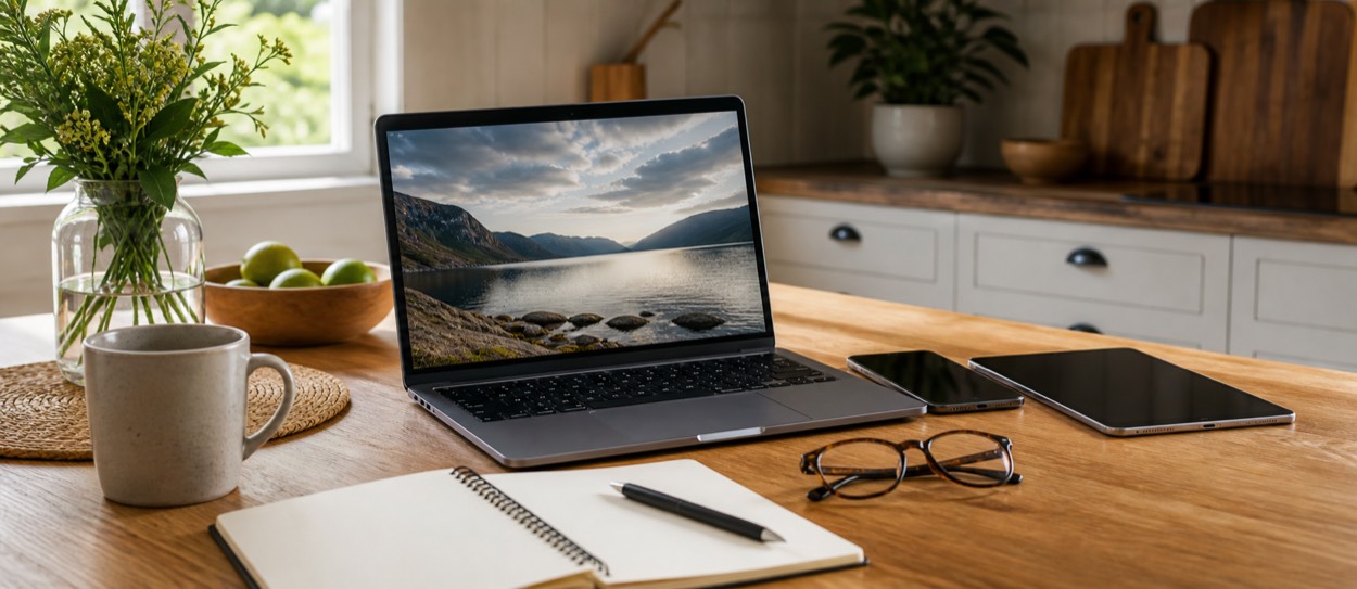 Rolig hjemmearbeidsplass med laptop, mobil, nettbrett og notatbok