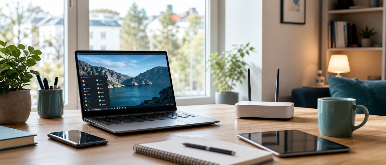 Hjemmekontor med laptop, mobil og nettverksutstyr